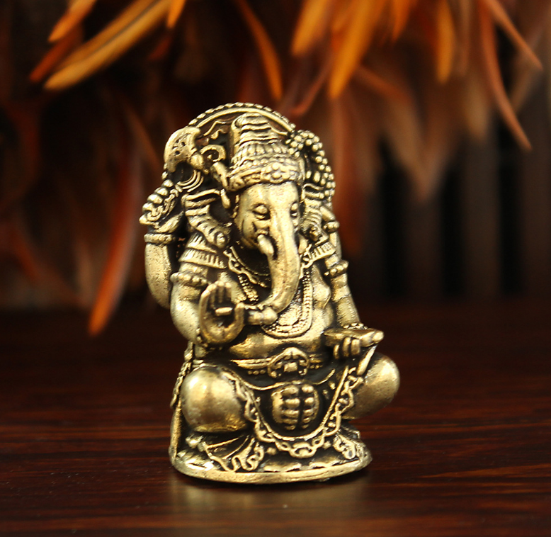miniature brass ganesha statue (5.1cm) antique finish lord ganesh idol, hindu elephant god of success for home altar, desk decor & spiritual gift | thai amulet style