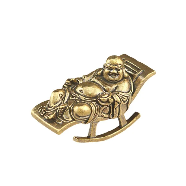 exquisite miniature brass laughing buddha in rocking chair | pocket sized statue for abundance & joy | zen desk decor