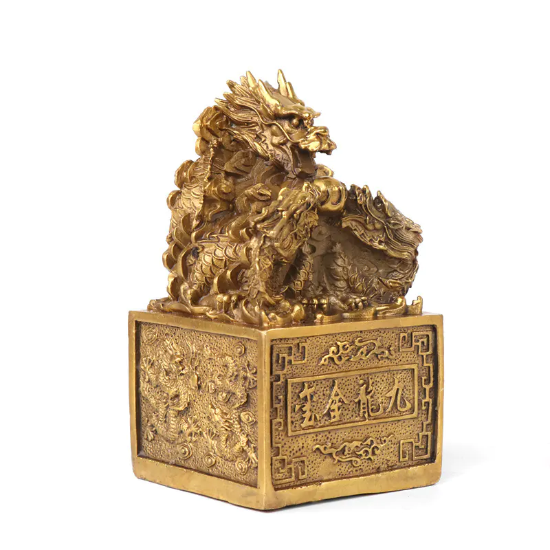 Intricate Brass Nine-Dragon Imperial Seal Statue - 14 x 7.5 x 7.5 cm (5.5 x 3 x 3 inches)