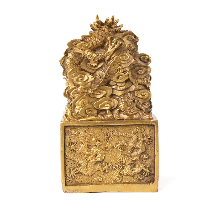 Intricate Brass Nine-Dragon Imperial Seal Statue - 14 x 7.5 x 7.5 cm (5.5 x 3 x 3 inches)