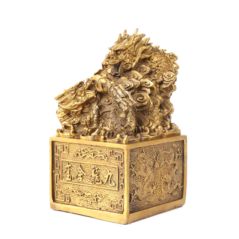 Intricate Brass Nine-Dragon Imperial Seal Statue - 14 x 7.5 x 7.5 cm (5.5 x 3 x 3 inches)