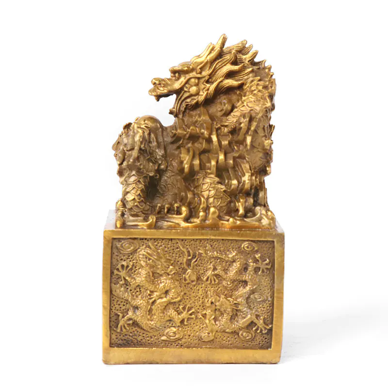 Intricate Brass Nine-Dragon Imperial Seal Statue - 14 x 7.5 x 7.5 cm (5.5 x 3 x 3 inches)
