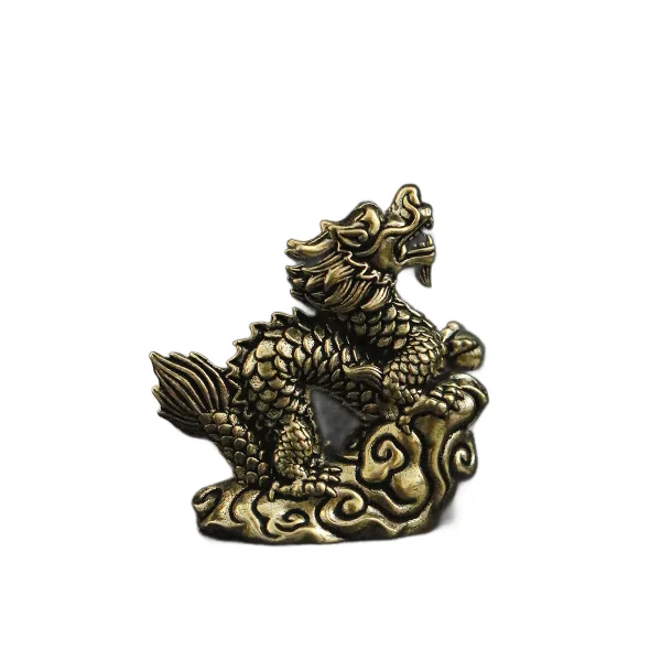 intricate handcrafted brass dragon figurine, 1.6" small oriental art statue, mythical creature desktop decor & good luck charm