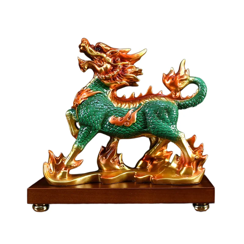Emerald Green & Gold Resin Qilin Statue - 26cm x 9cm x 26cm (10.2" x 3.5" x 10.2")