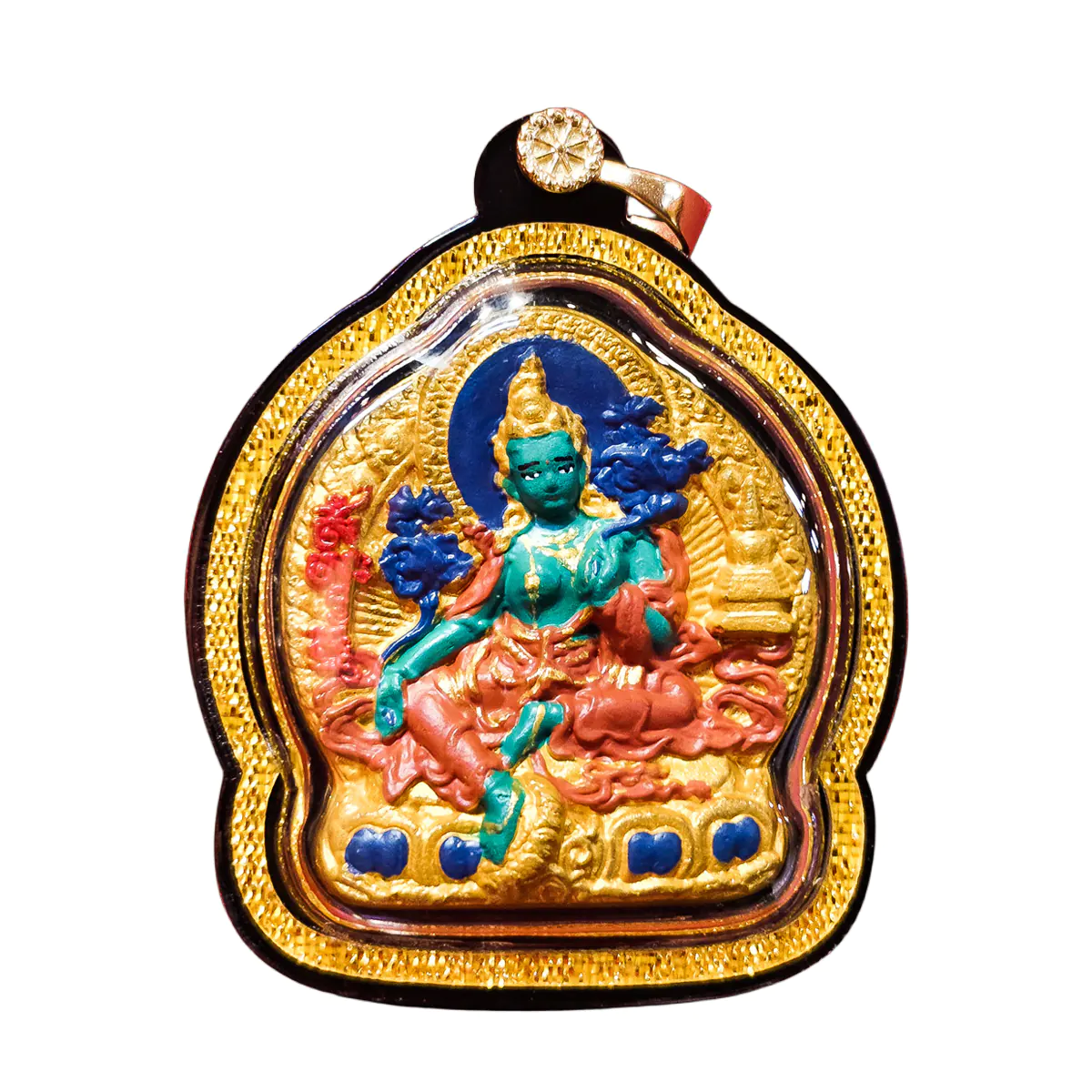 Hand-Painted Green Thangka “Tsa-Tsa” Amulet | Tibetan Clay & Acrylic Frame | Spiritual Talisman
