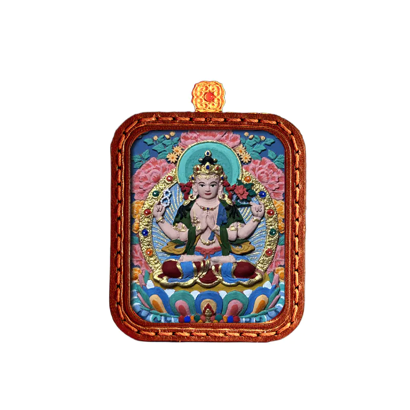 Hand-Painted Tibetan Thangka Tsa-Tsa of Four-Armed Avalokiteshvara