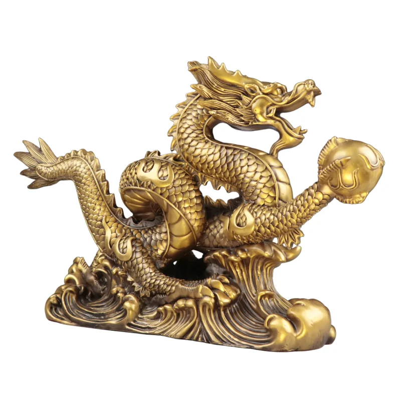 Feng Shui Dragon with Wisdom Pearl Brass Statue