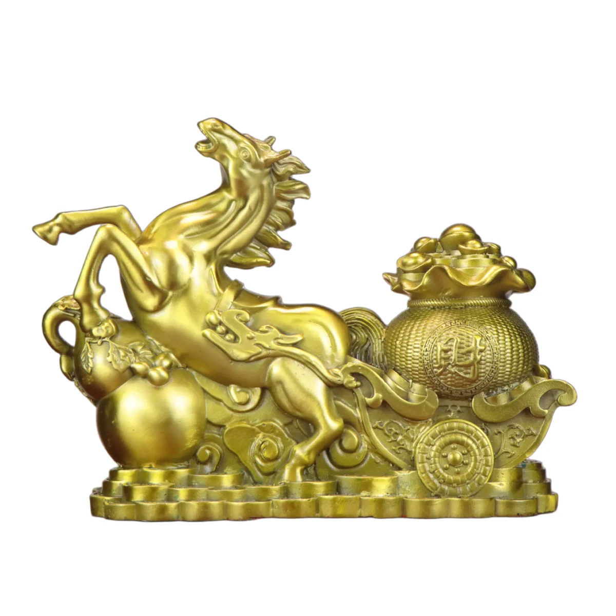Golden Fortune Horse with Treasure Bag Brass Feng Shui Statue