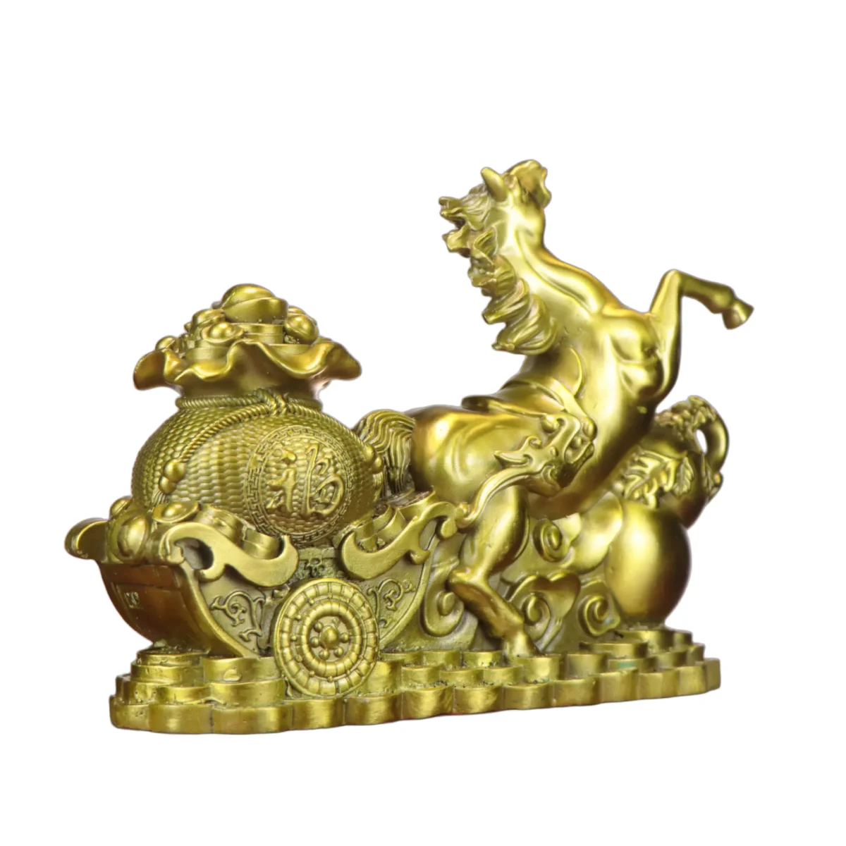 Golden Fortune Horse with Treasure Bag Brass Feng Shui Statue