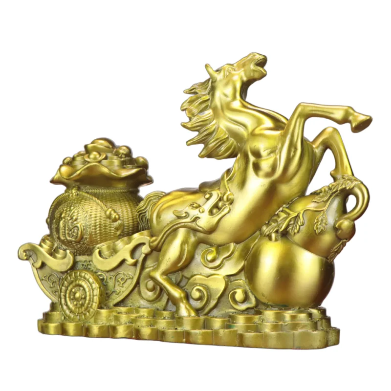 Golden Fortune Horse with Treasure Bag Brass Feng Shui Statue