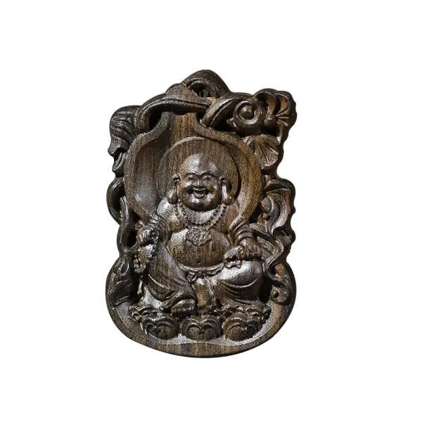 carved agarwood laughing buddha pendant, with blessing gourd 6x4cm (2.4x1.6 inches)