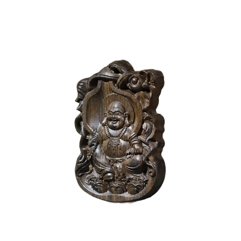 carved agarwood laughing buddha pendant 6x4cm (2.4x1.6 inches)