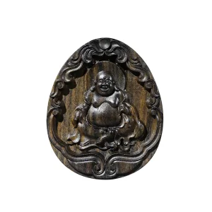 carved agarwood laughing buddha pendant, oriental maitreya amulet for necklace 6.0x4.8cm (2.4x1.9 inches)