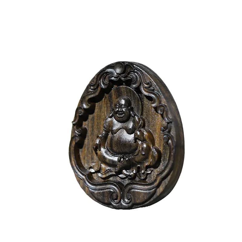 carved agarwood laughing buddha pendant, oriental maitreya amulet for necklace 6.0x4.8cm (2.4x1.9 inches)