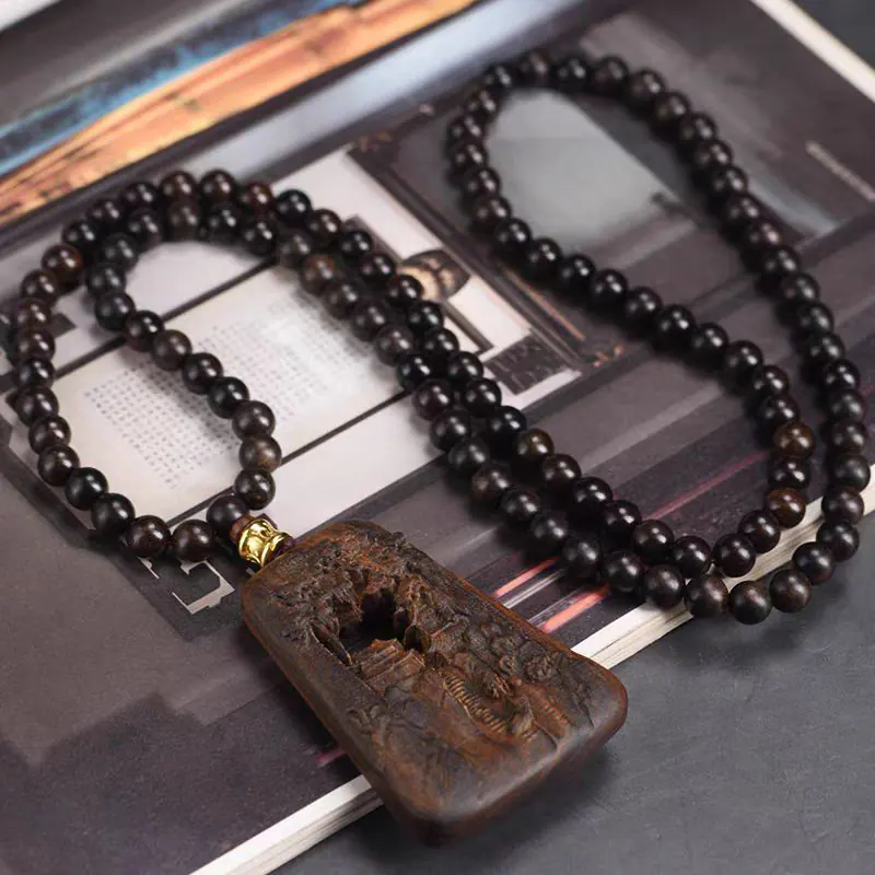 Agarwood Landscape Pendant – 5x7cm (2"x2.8") with 108 Beads | Natural Aromatic Amulet