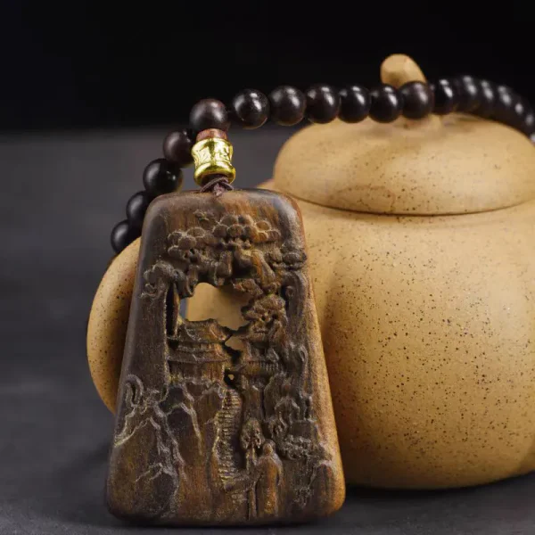 Agarwood Landscape Pendant – 5x7cm (2"x2.8") with 108 Beads | Natural Aromatic Amulet