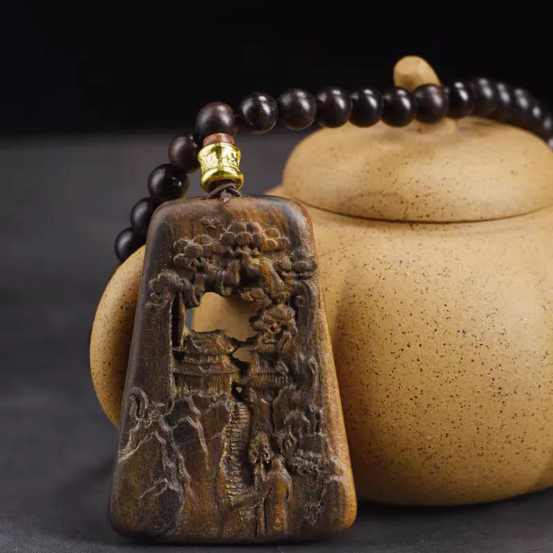 Agarwood Landscape Pendant – 5x7cm (2"x2.8") with 108 Beads | Natural Aromatic Amulet