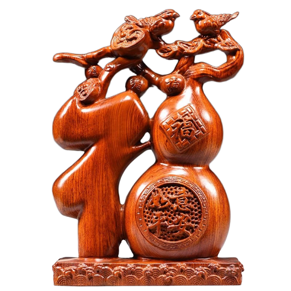 traditional chinese "fu" fortune & gourd wood statue