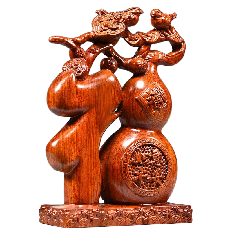 traditional chinese "fu" fortune & gourd wood statue