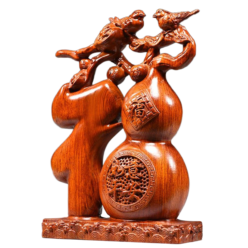 traditional chinese "fu" fortune & gourd wood statue