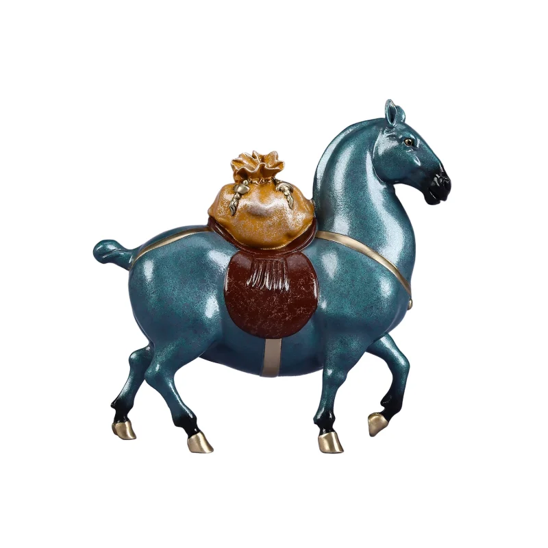 painted brass horse statue with fortune bag oriental decor