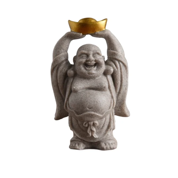 joyful sandstone texture laughing buddha statue with gold ingot