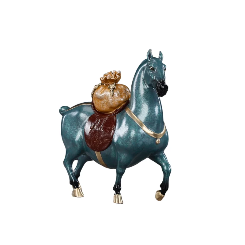painted brass horse statue with fortune bag oriental decor