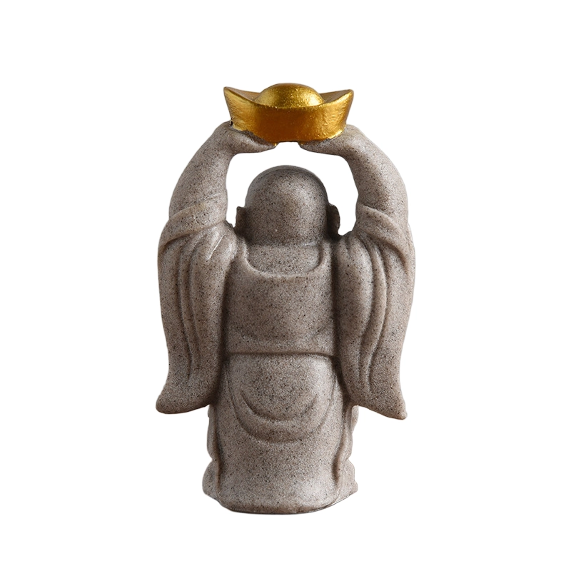joyful sandstone texture laughing buddha statue with gold ingot