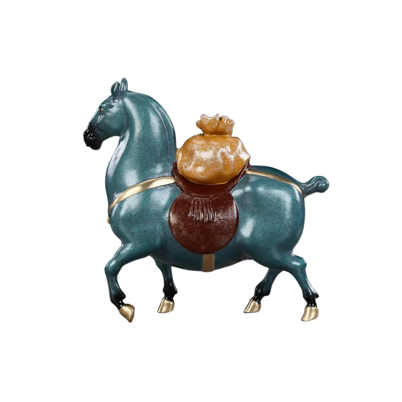 painted brass horse statue with fortune bag oriental decor