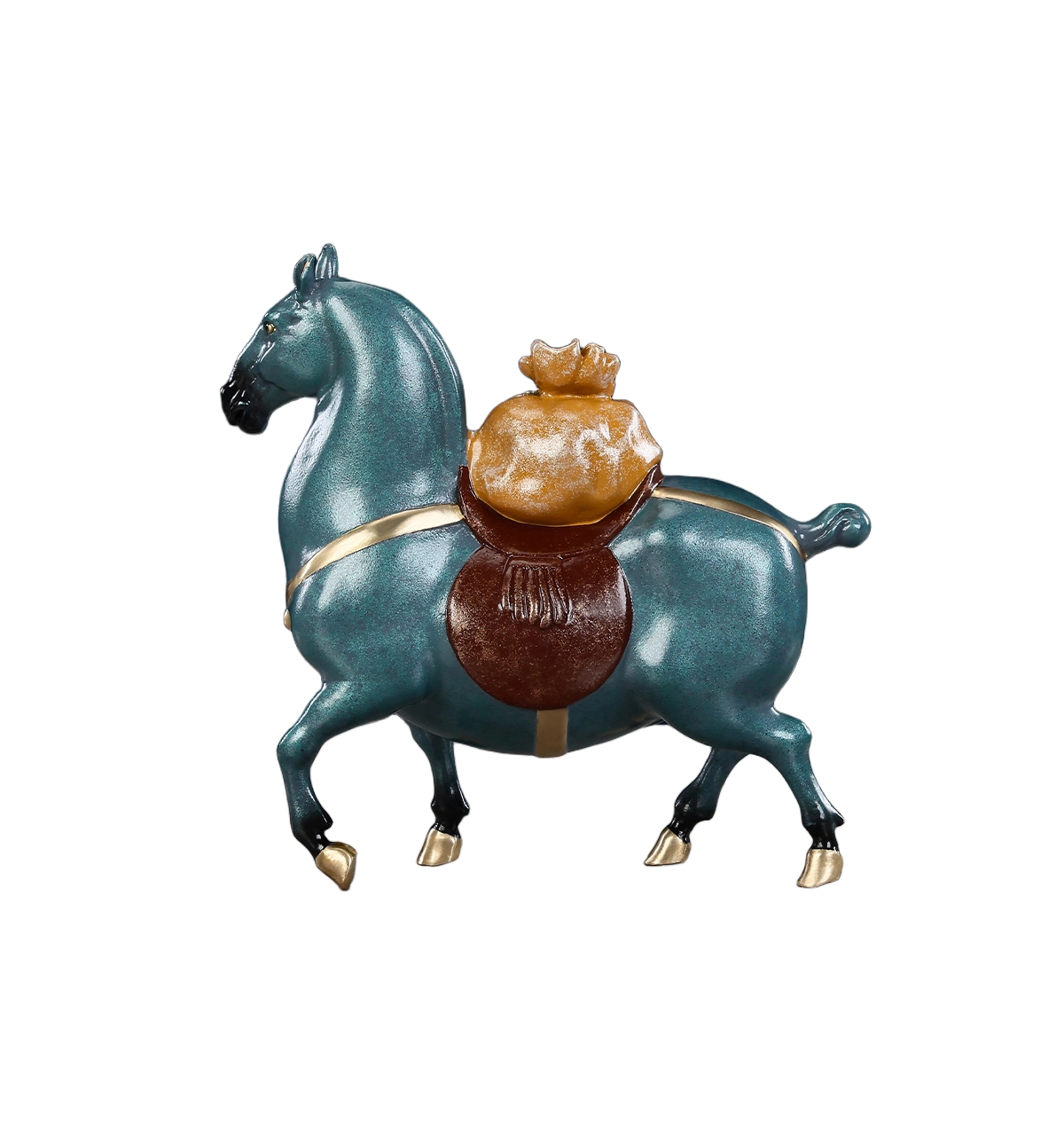 painted brass horse statue with fortune bag oriental decor