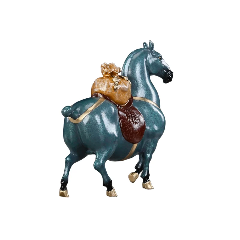 painted brass horse statue with fortune bag oriental decor