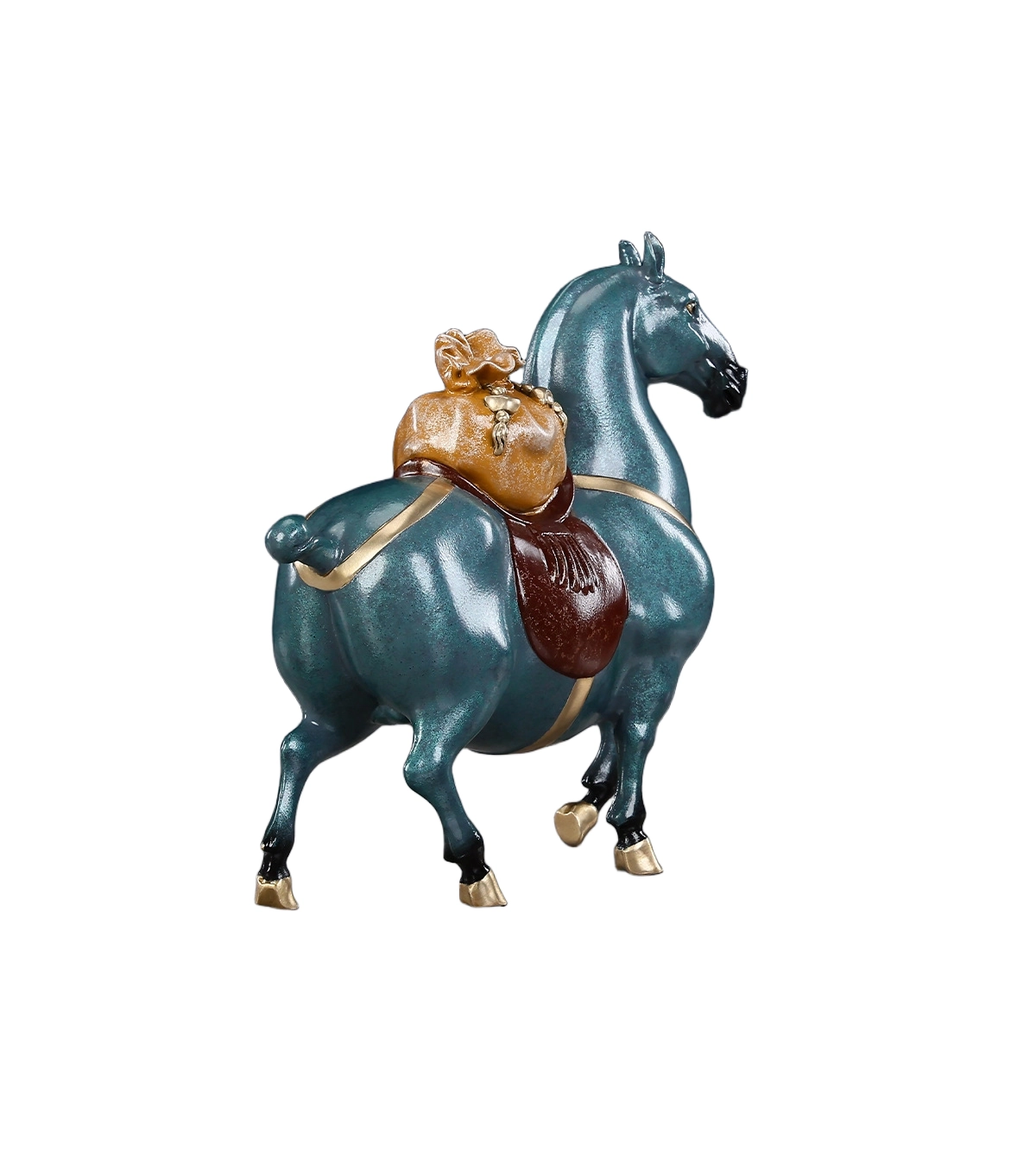 painted brass horse statue with fortune bag oriental decor