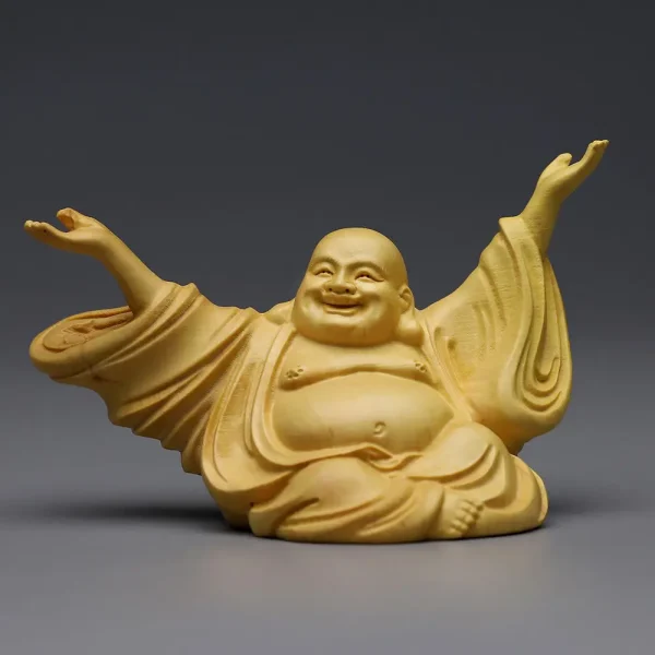 boxwood laughing buddha statue wooden maitreya figure zen decor