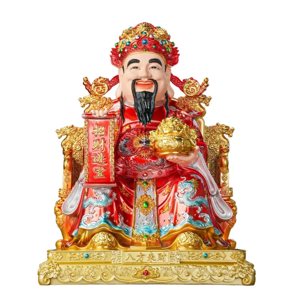 traditional caishen god of wealth statue with prosperity scroll