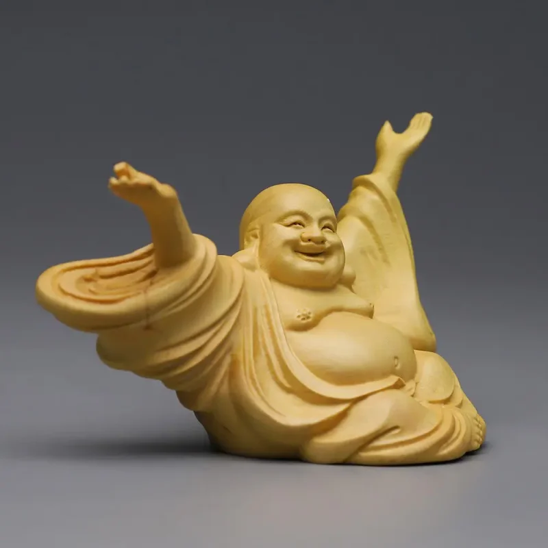 boxwood laughing buddha statue wooden maitreya figure zen decor