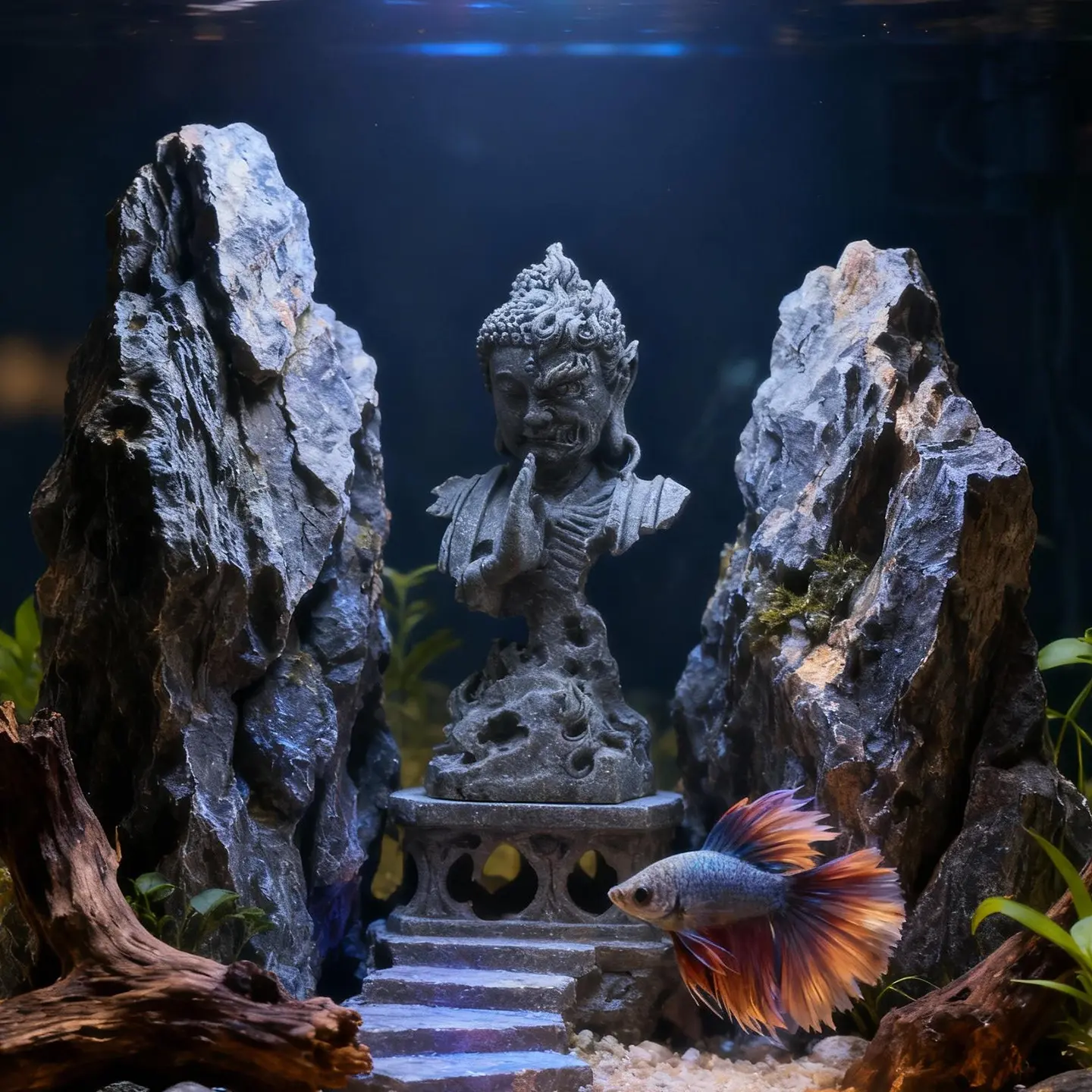 zen style half buddha half demon resin bust statue