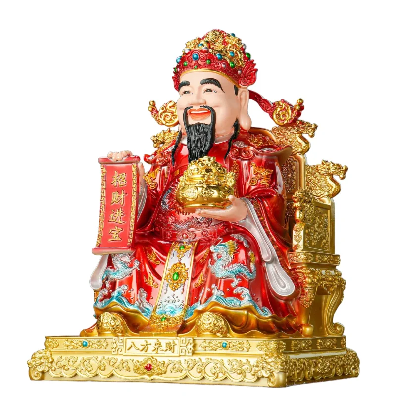 traditional caishen god of wealth statue with prosperity scroll