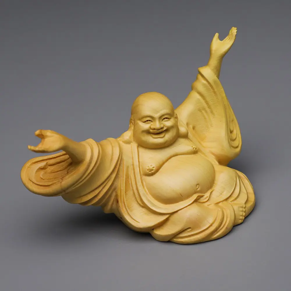 boxwood laughing buddha statue wooden maitreya figure zen decor