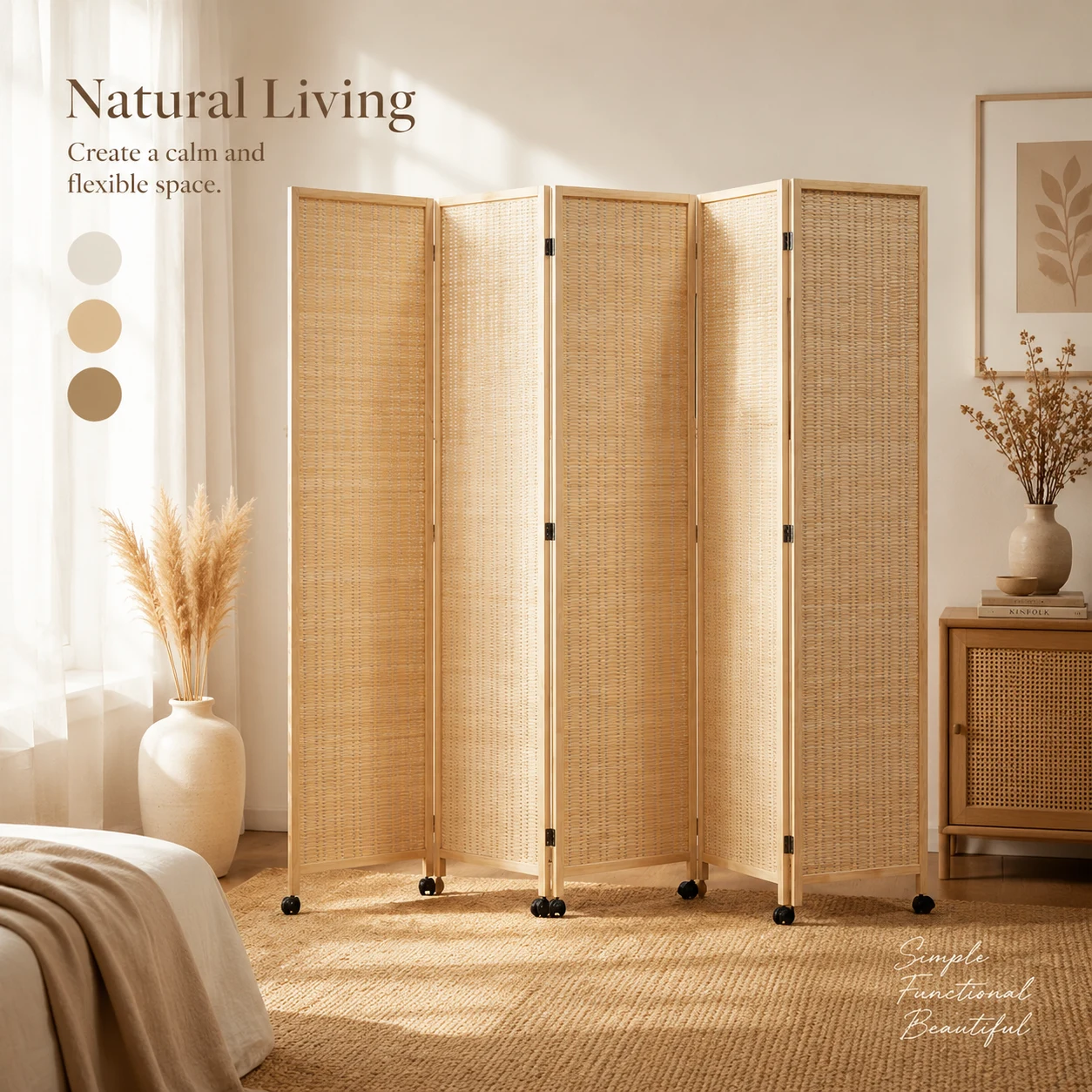 bamboo room divider, 5 panel folding screen with wheels — natural woven wood privacy screen for living room, bedroom & studio apartment